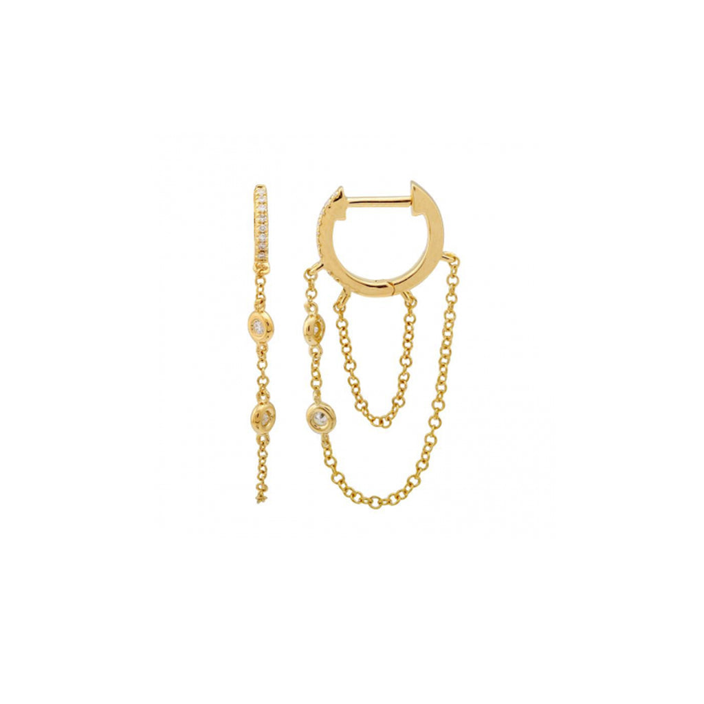 Dangling Chain Pave Huggie Hoops in Yellow Gold