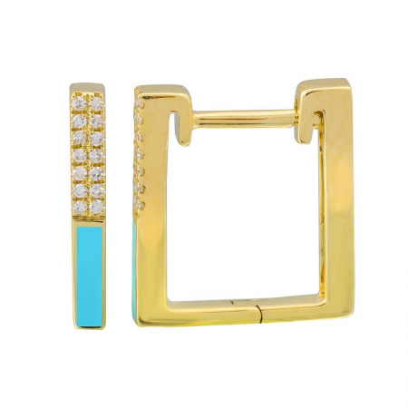 Square Huggie Hoops with Turquoise Enamel & Diamonds