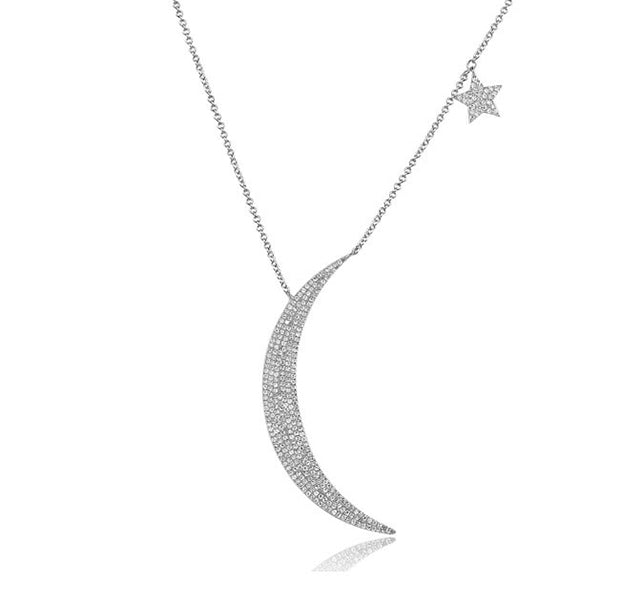 Large Moon and Star Necklace in White Gold