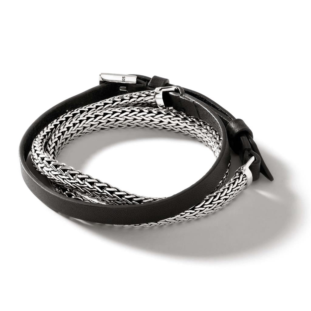 Classic Chain Triple Wrap Bracelet on Black Leather