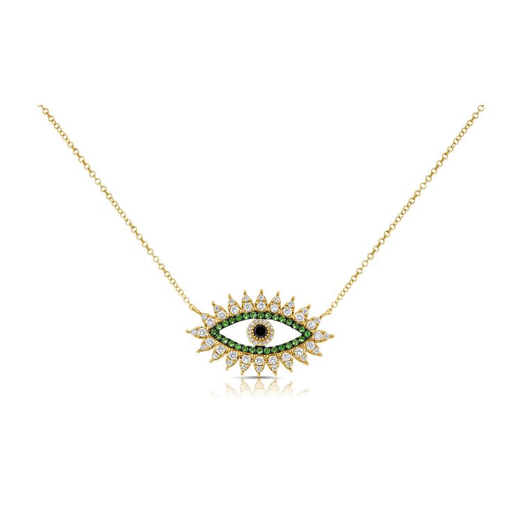Tsavorite Evil Eye Pendant Chain with White & Black Diamonds