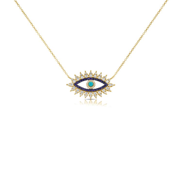 Evil Eye Pendant Necklace with Turquoise & Blue Sapphire