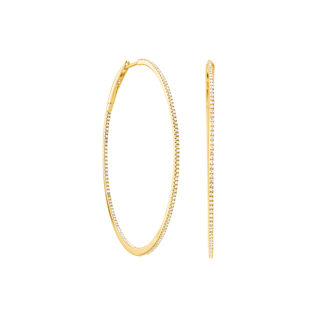 Large Micropave Thin In/Out Diamond Hoops in Yellow Gold