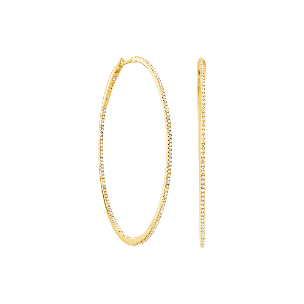 Large Micropave Thin In/Out Diamond Hoops in Yellow Gold