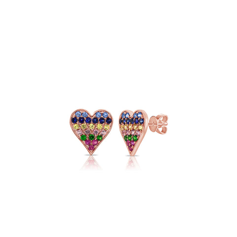 Rainbow Pave Heart Stud Earrings