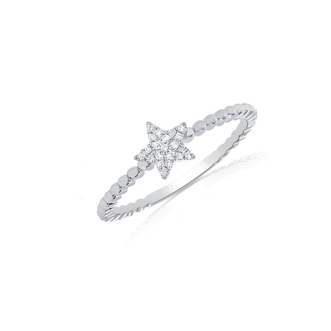 Pave Diamond Star Ring with Beaded Shank in White Gold