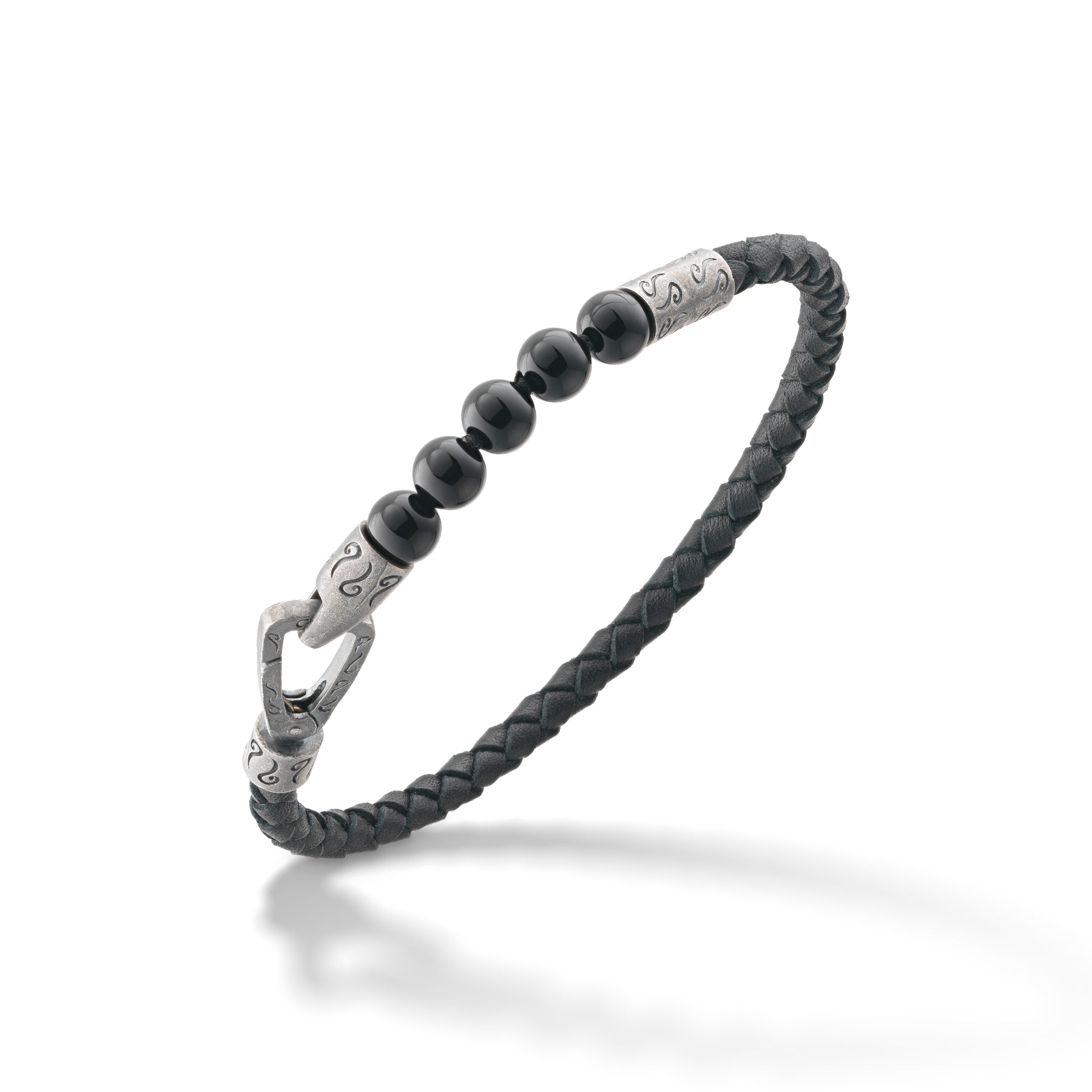 Leather Bracelet with Black Onyx Beads