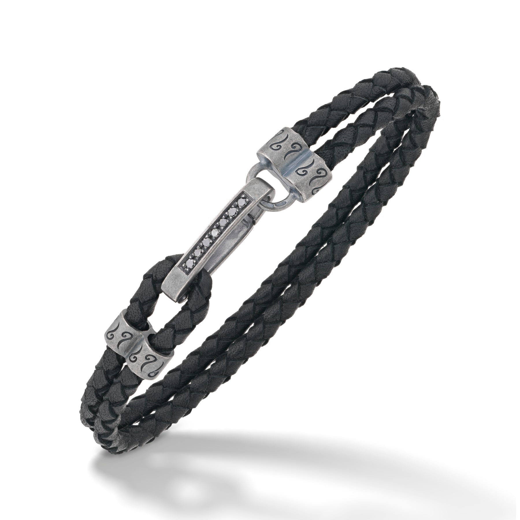 Parallel Black Woven Leather Bracelet with Black Diamond Clasp