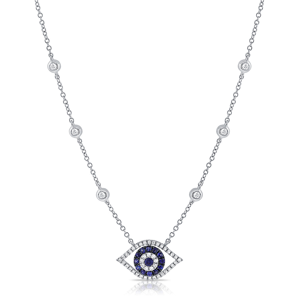 Diamond Evil Eye Necklace with Blue Sapphire in White Gold