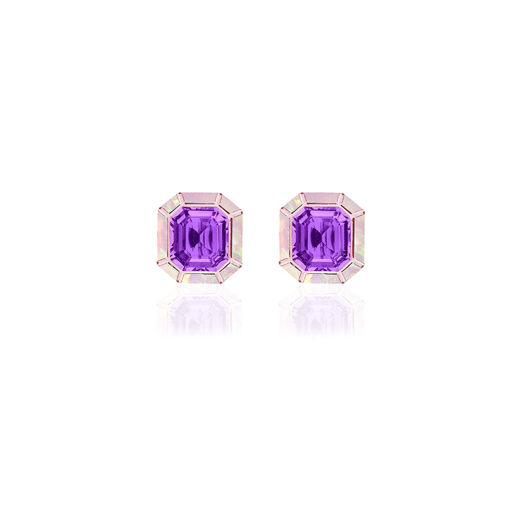 "Melange" Amethyst Stud Earrings with Pink Opal Frame