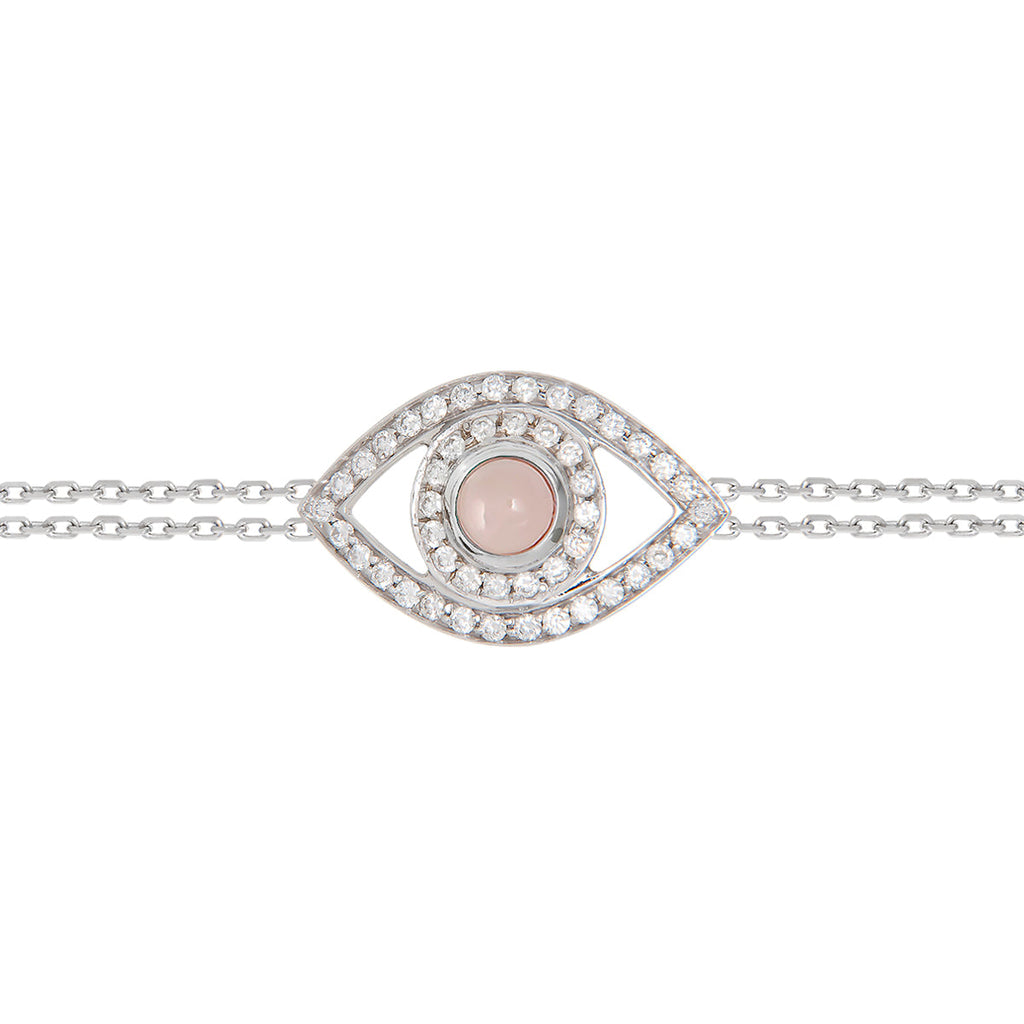 Big Evil Eye Bracelet with White Diamonds and Rose Quartz Center