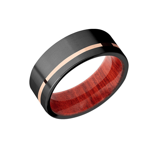 Zirconium Band With 14k Rose Gold Inlay And Red Heart Sleeve