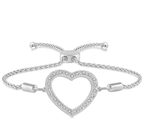 Diamond Heart Adjustable Slide Bracelet in Sterling Silver