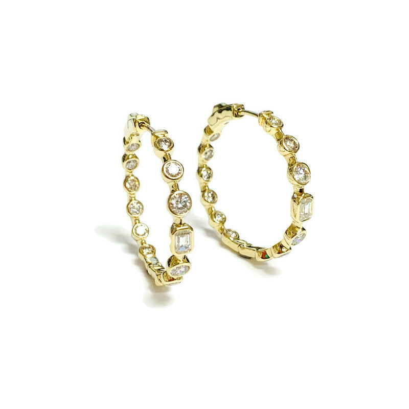 In/Out Hoop Earrings with Bezel Set Emerald Cut Diamonds