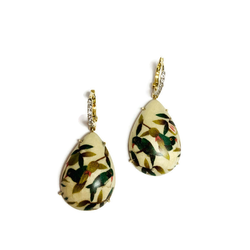 Pear Shaped Marquetry Drop Earrings with Bird Pattern