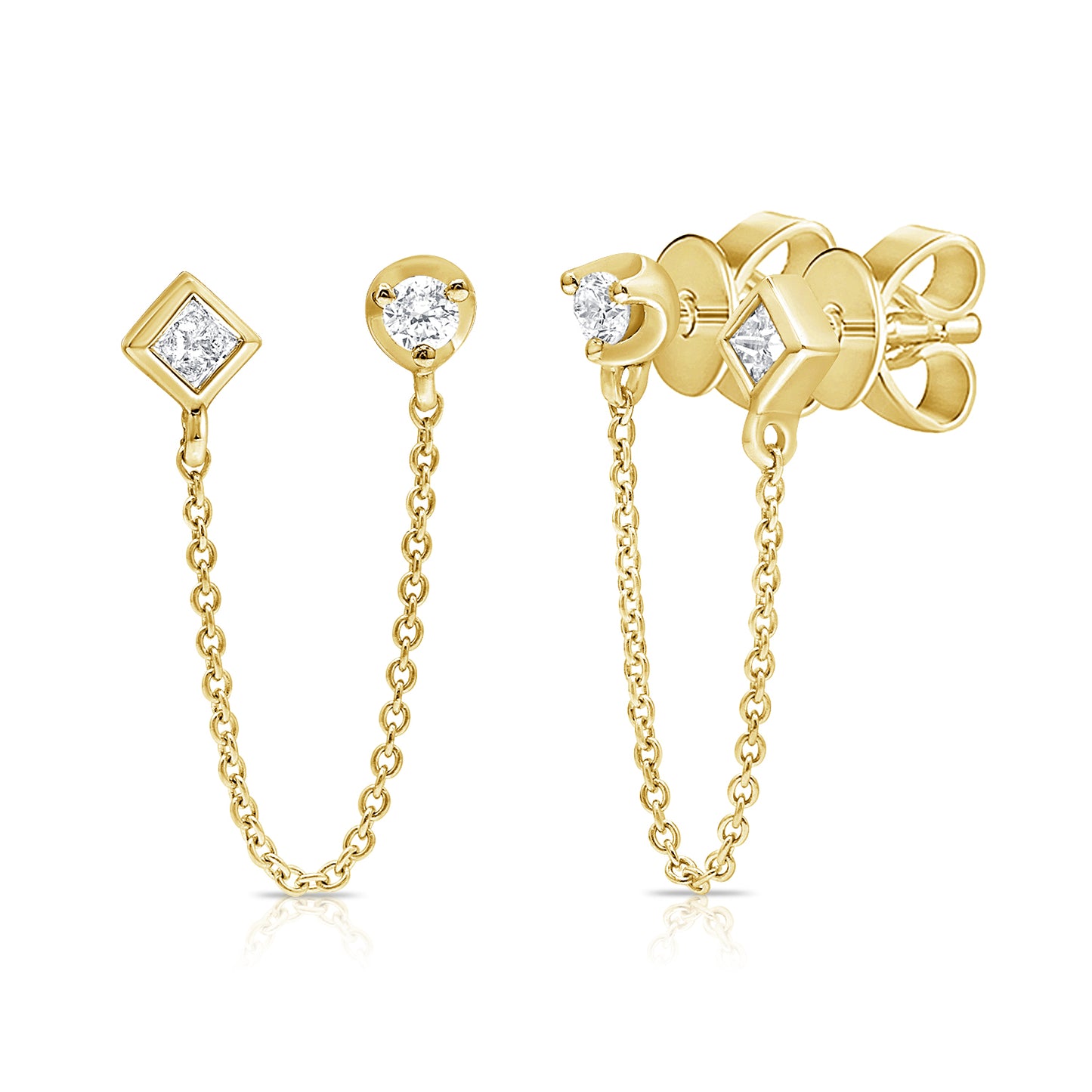Single Double-Stud Earring with Chain Connection with Princess and Round Cut