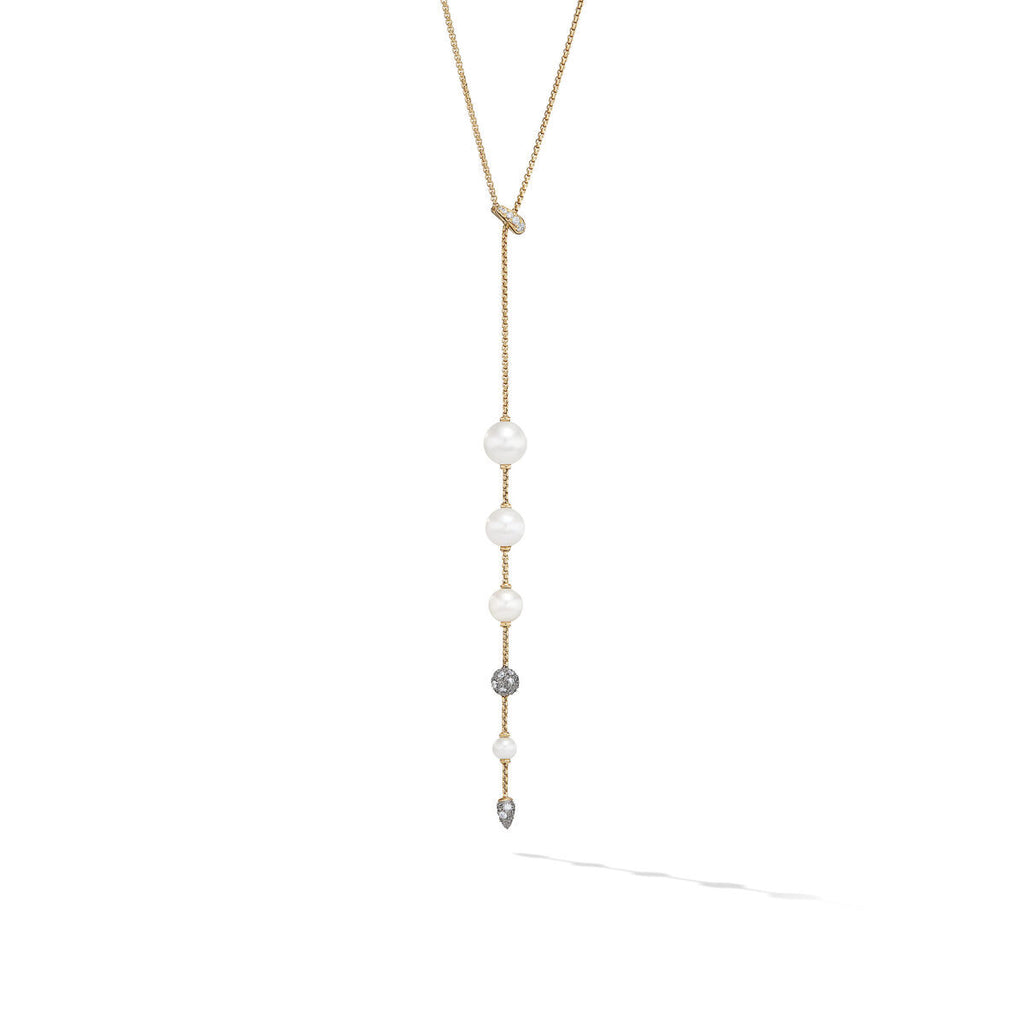 Pearl and Pavé Y Necklace in 18K Yellow Gold with Diamonds