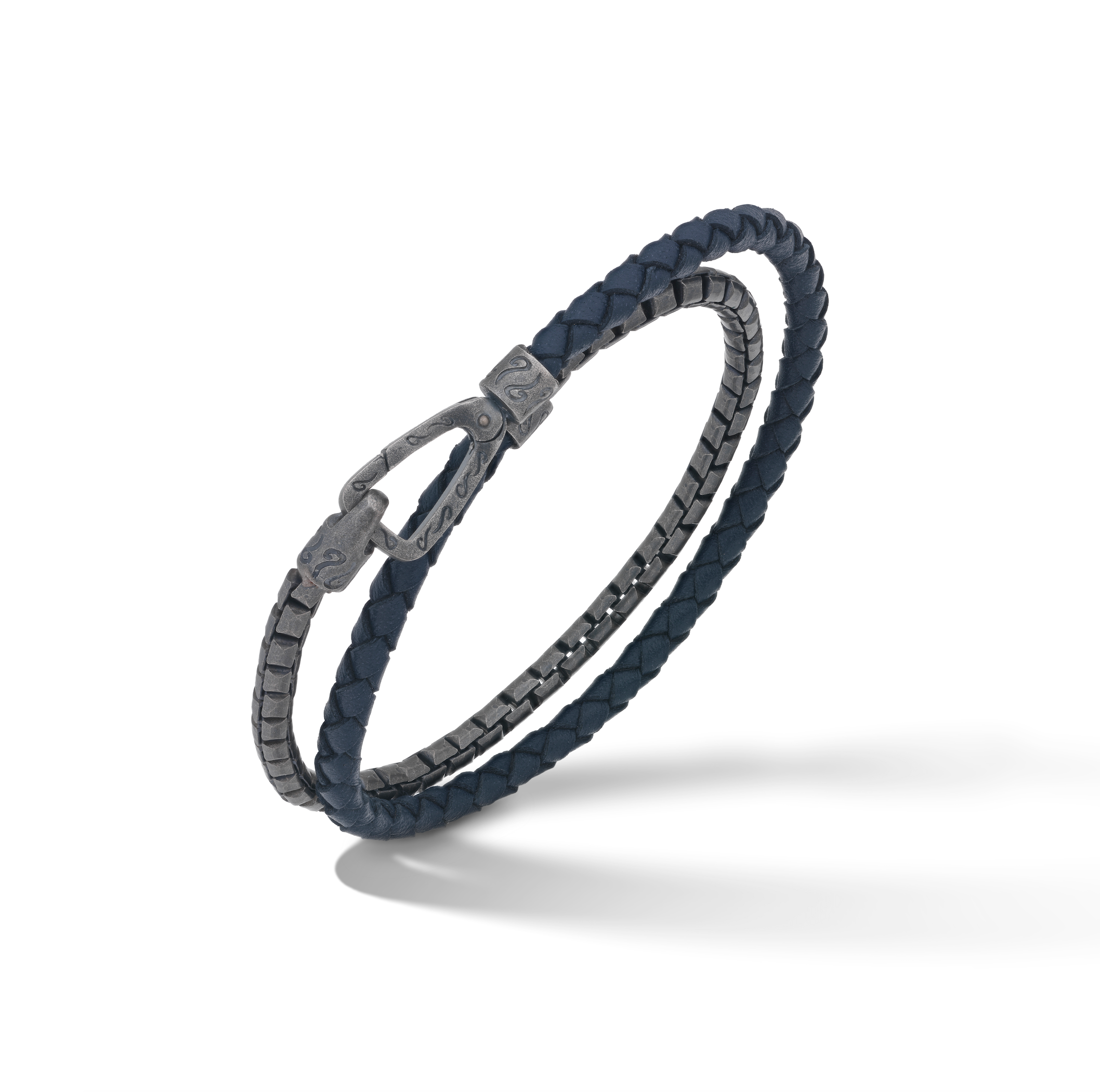 Double Wrap Metal-Blue Leather Woven Bracelet