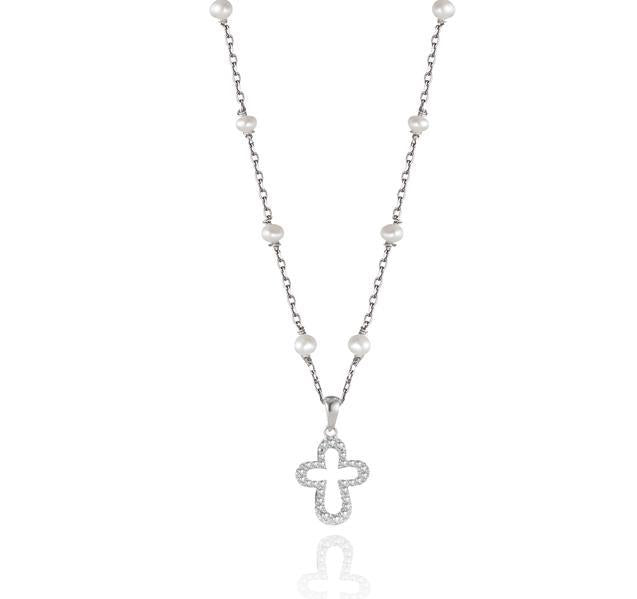 Silver Diamond Cross Pendant on Pearl Necklace