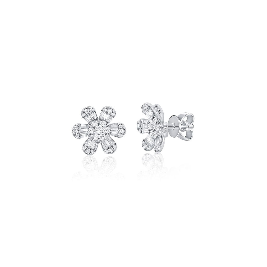 Flower Stud Earrings with Round & Baguette Diamonds
