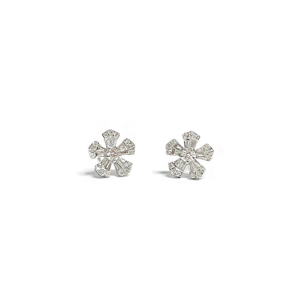 Round & Baguette Flower Studs in White Gold