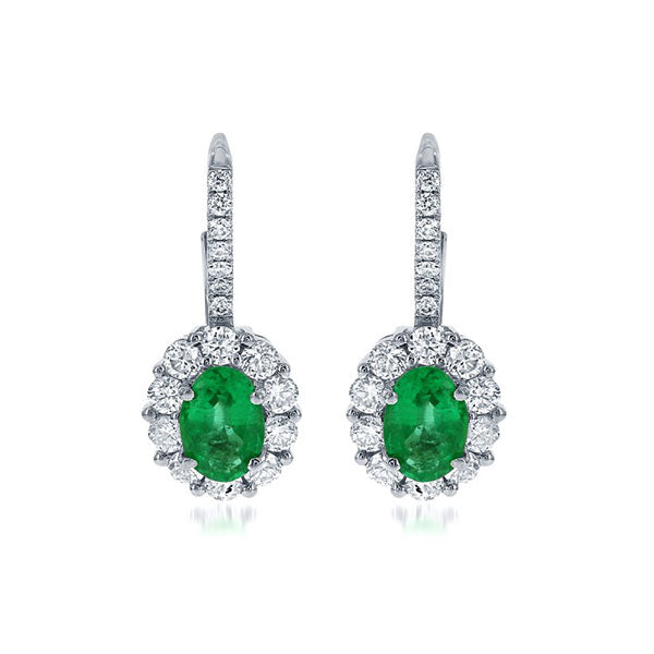 Oval Emerald Leverback Earrings with Diamonds