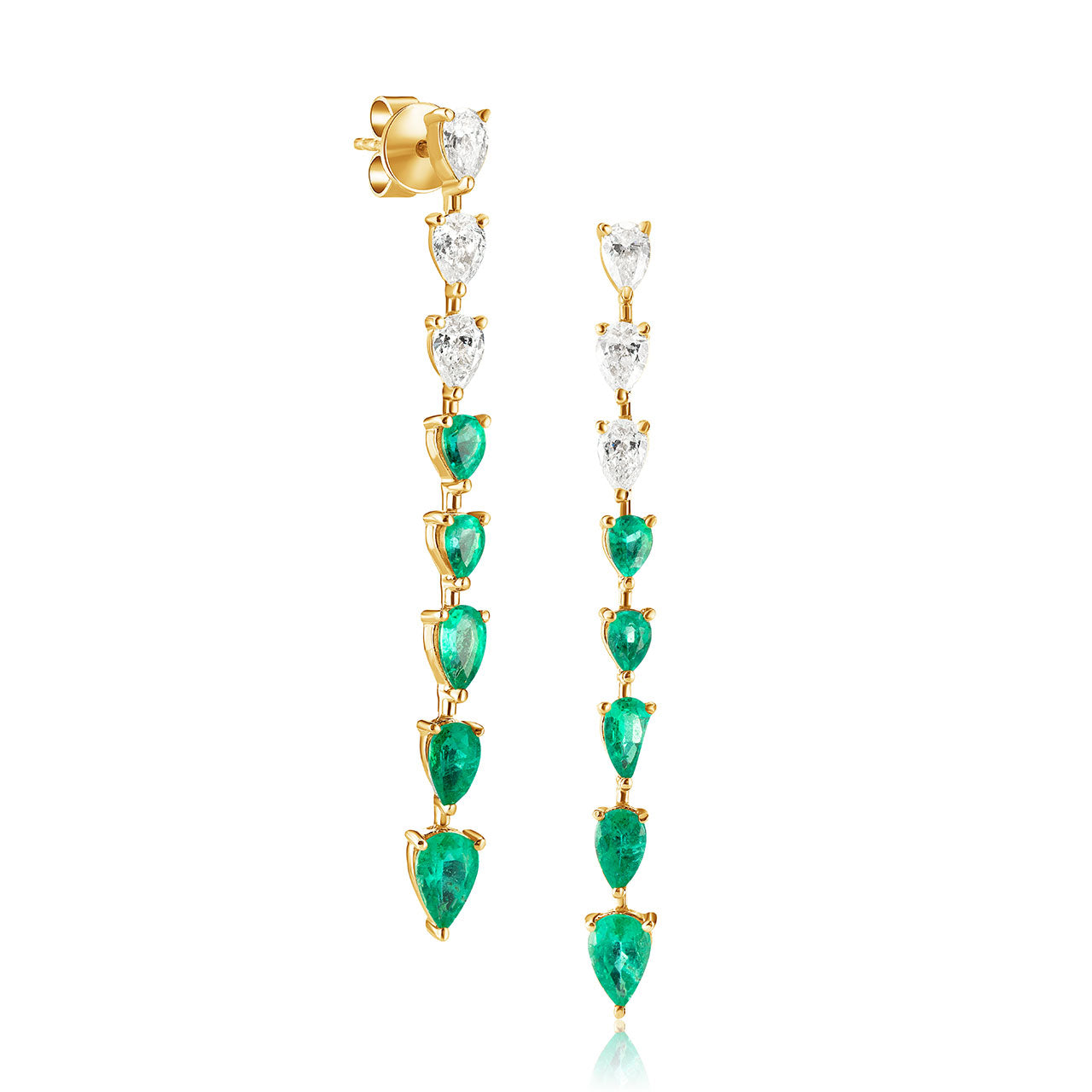 Long Drop Pear Shape Emerald and Diamond Earrings