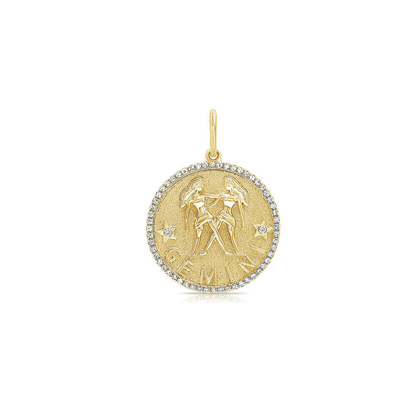 Gemini Zodiac Charm with Pave Frame in Yellow Gold