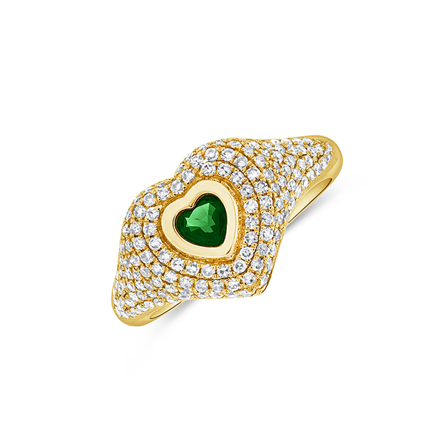 Heart Signet Style Pinky Ring with Emerald