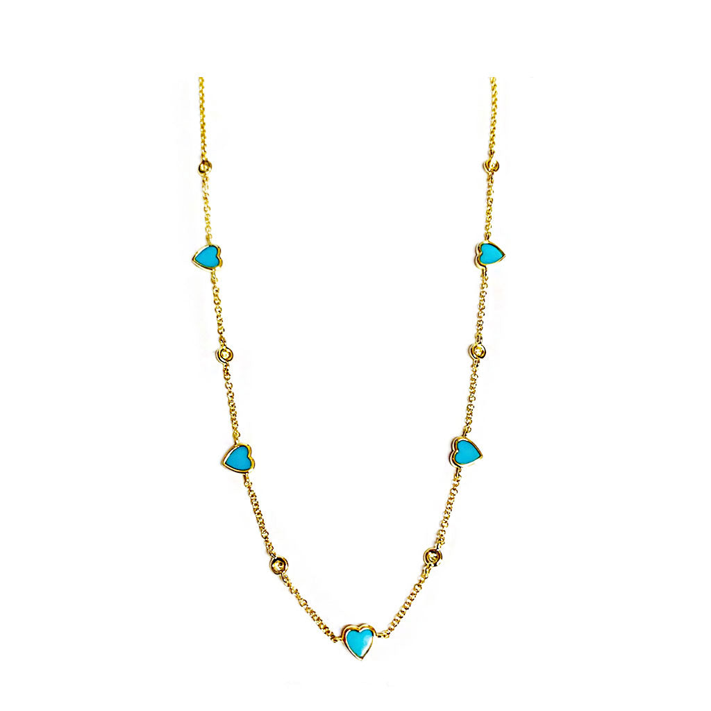 Turquoise & Diamond Heart Station Necklace
