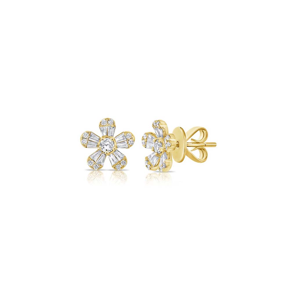 Flower Stud Earrings with Round & Baguette Diamonds in Yellow Gold