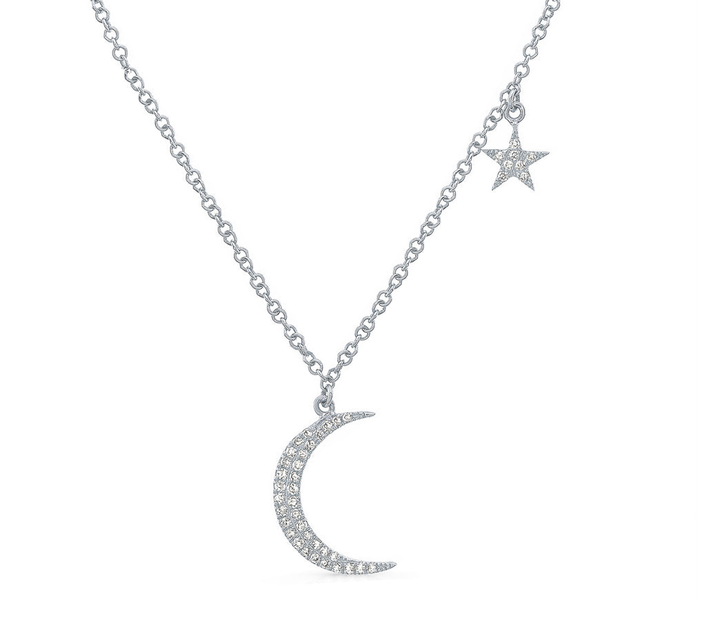 Moon & Star Necklace in White Gold