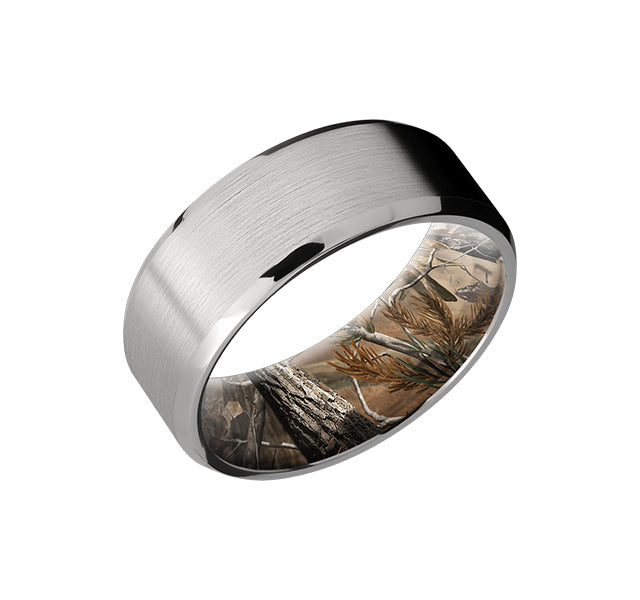 Titanium 8mm Flat Band With Polished Beveled Edges And A Realtree Camo Sleeve