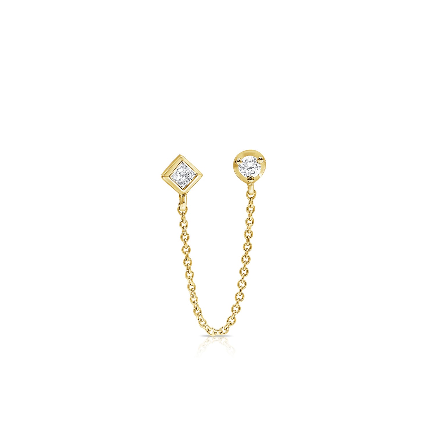 Single Double-Stud Earring with Chain Connection with Princess and Round Cut