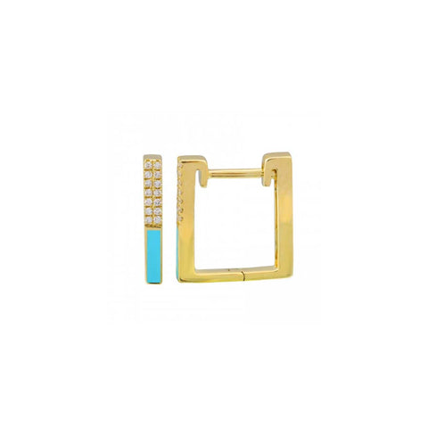 Square Huggie Hoops with Turquoise Enamel & Diamonds