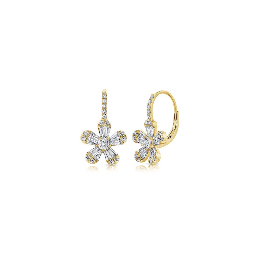Diamond Flower Leverback Earrings in Yellow Gold