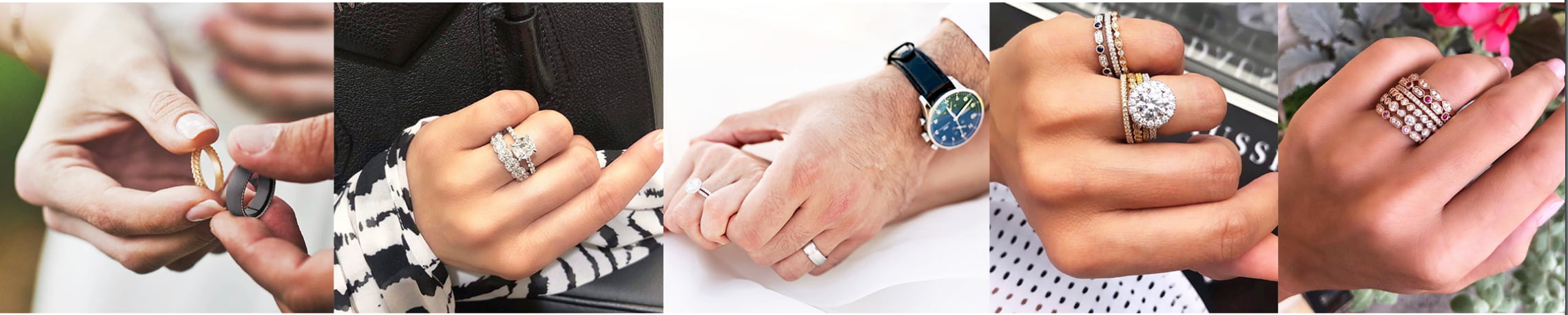 Couple Exchanging Wedding Bands and Model Wearing Diamond Rings